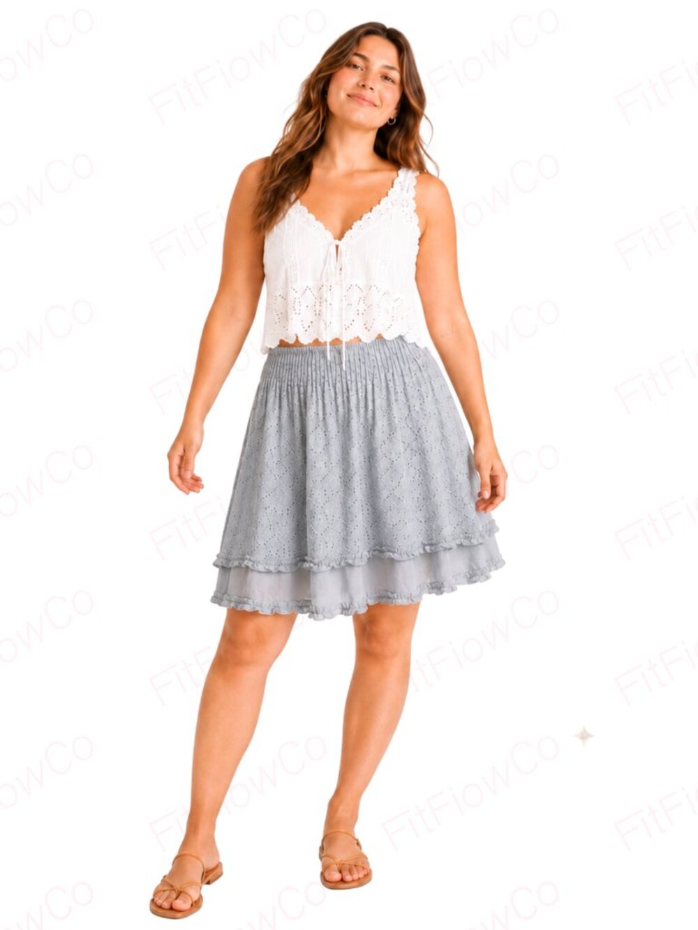 NWOT Free People Blue Embroidered Eyelet Ruffle Skirt Size L Boho